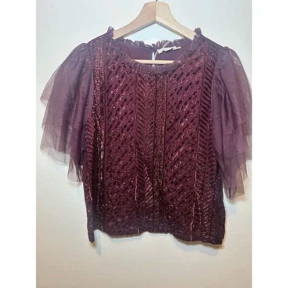 Anthropologie Women's Let Me Be Sequined Embroidered Top Burgundy NWT - Picture 1 of 9